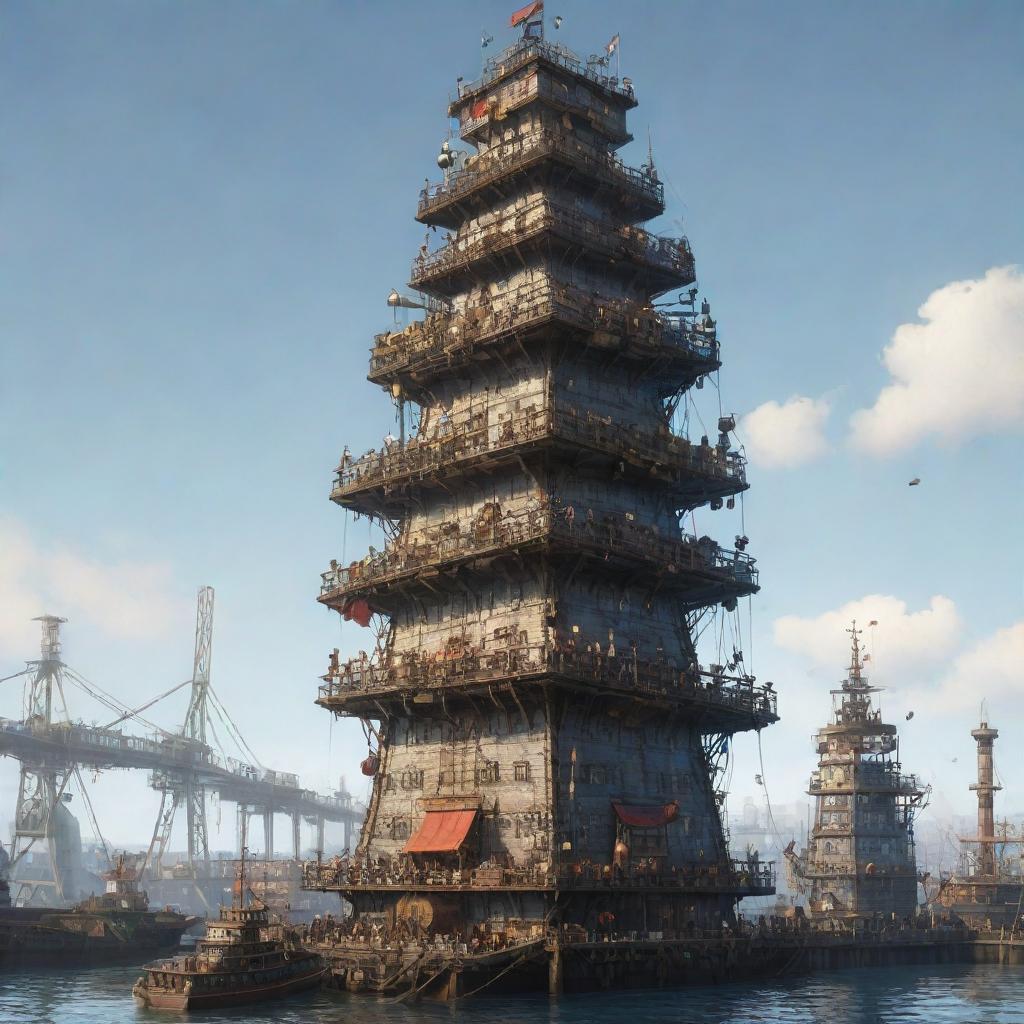 Illustrate the tallest building in a harborpunk setting. A seafaring colossal tower integrated within a bustling port. The structure features a mix of nautical elements such as ship sails, ropes, lanterns, and surrounded by floating platforms and docking stations.