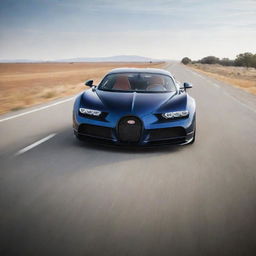 A sleek Bugatti car, blurring the surroundings with its incredible speed, creates a dynamic and energetic scene as it races down a long stretch of open road.