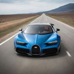 A sleek Bugatti car, blurring the surroundings with its incredible speed, creates a dynamic and energetic scene as it races down a long stretch of open road.