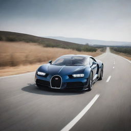 A sleek Bugatti car, blurring the surroundings with its incredible speed, creates a dynamic and energetic scene as it races down a long stretch of open road.