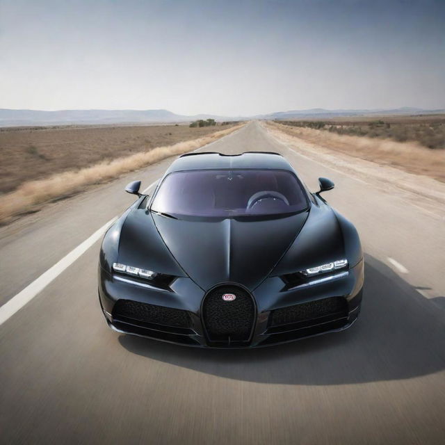 A sleek Bugatti car, blurring the surroundings with its incredible speed, creates a dynamic and energetic scene as it races down a long stretch of open road.