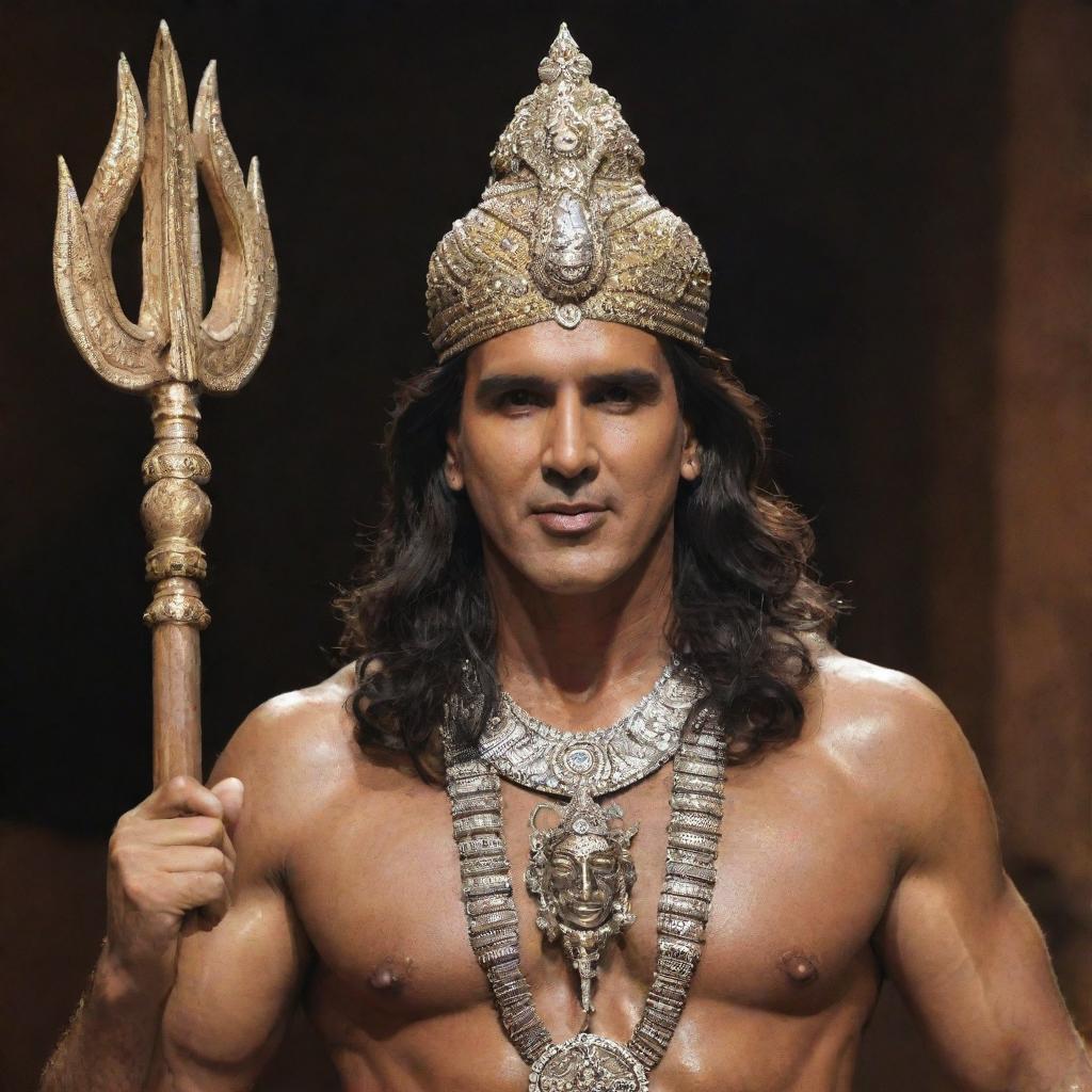 Bollywood actor Akshay Kumar dressed as the Hindu deity Mahadev, complete with a trident, tiger skin attire, and a serene expression on his face.