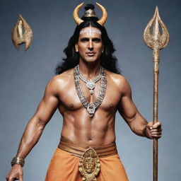 Bollywood actor Akshay Kumar dressed as the Hindu deity Mahadev, complete with a trident, tiger skin attire, and a serene expression on his face.