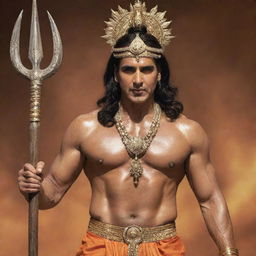 Bollywood actor Akshay Kumar dressed as the Hindu deity Mahadev, complete with a trident, tiger skin attire, and a serene expression on his face.