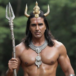 Bollywood actor Akshay Kumar dressed as the Hindu deity Mahadev, complete with a trident, tiger skin attire, and a serene expression on his face.