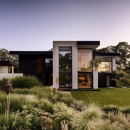 A strikingly beautiful modern house with sleek lines, tinted glass windows and surrounded by landscaped gardens.