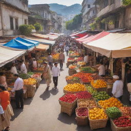 A vibrant and busy marketplace bustling with animated shoppers, adorned with colorful stalls of fresh fruits, intricate handicrafts, and fragrant spices under the afternoon sun.