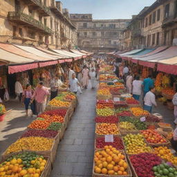 A vibrant and busy marketplace bustling with animated shoppers, adorned with colorful stalls of fresh fruits, intricate handicrafts, and fragrant spices under the afternoon sun.