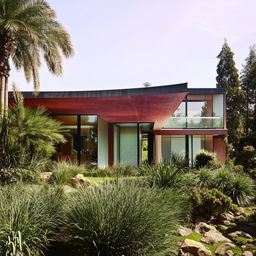 A strikingly beautiful modern house with sleek lines, tinted glass windows and surrounded by landscaped gardens.