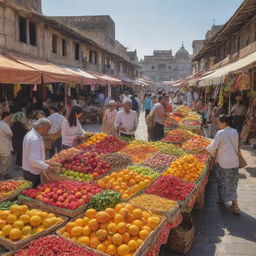 A vibrant and busy marketplace bustling with animated shoppers, adorned with colorful stalls of fresh fruits, intricate handicrafts, and fragrant spices under the afternoon sun.