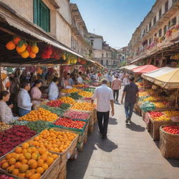 A vibrant and busy marketplace bustling with animated shoppers, adorned with colorful stalls of fresh fruits, intricate handicrafts, and fragrant spices under the afternoon sun.