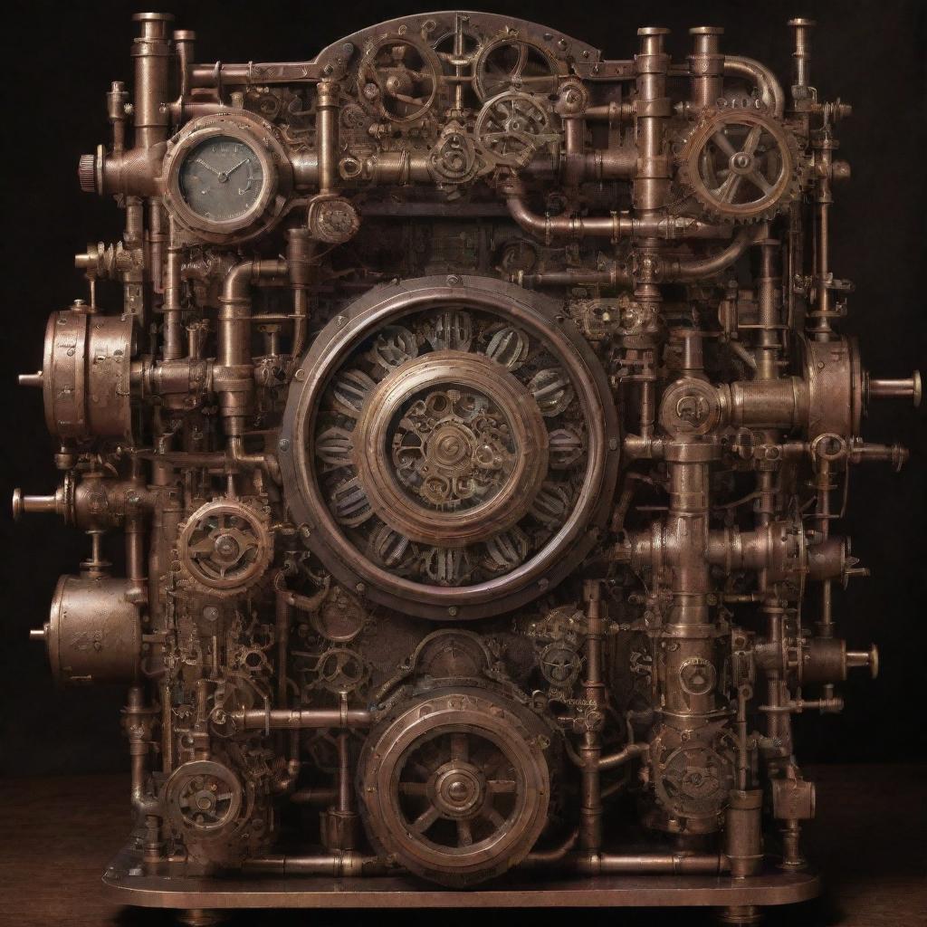 Create an image showing the most advanced technology in a steampunk world. It's a large, intricate device with brass cogs, compounding gears, polished copper pipes, steam-driven turbines, powered by glowing boilers, with gauges and analog interfaces.