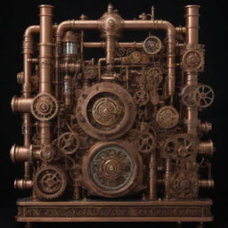 Create an image showing the most advanced technology in a steampunk world. It's a large, intricate device with brass cogs, compounding gears, polished copper pipes, steam-driven turbines, powered by glowing boilers, with gauges and analog interfaces.