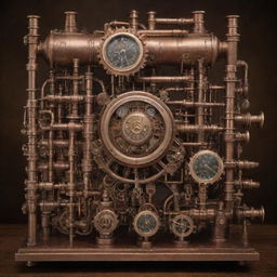 Create an image showing the most advanced technology in a steampunk world. It's a large, intricate device with brass cogs, compounding gears, polished copper pipes, steam-driven turbines, powered by glowing boilers, with gauges and analog interfaces.