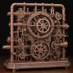 Create an image showing the most advanced technology in a steampunk world. It's a large, intricate device with brass cogs, compounding gears, polished copper pipes, steam-driven turbines, powered by glowing boilers, with gauges and analog interfaces.