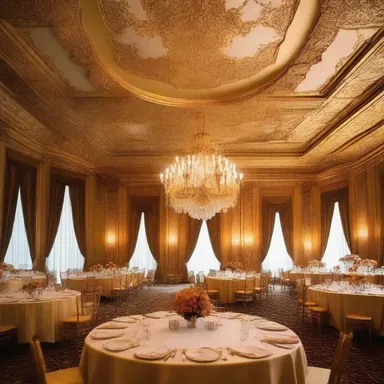 The grand ballroom was lusciously decorated with intricate gold leaf motifs on the ceilings and lavish velvet drapes.