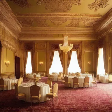 The grand ballroom was lusciously decorated with intricate gold leaf motifs on the ceilings and lavish velvet drapes.