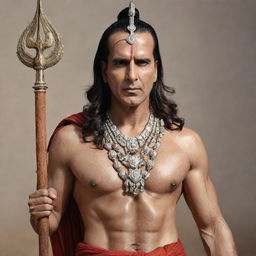 Akshay Kumar dressed as Lord Mahadev with detailed traditional attire and trident in his hand, possessing a calm and divine aura