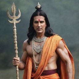 Akshay Kumar dressed as Lord Mahadev with detailed traditional attire and trident in his hand, possessing a calm and divine aura