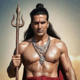 Akshay Kumar dressed as Lord Mahadev with detailed traditional attire and trident in his hand, possessing a calm and divine aura