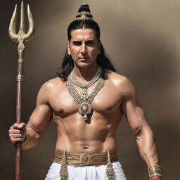 Akshay Kumar dressed as Lord Mahadev with detailed traditional attire and trident in his hand, possessing a calm and divine aura