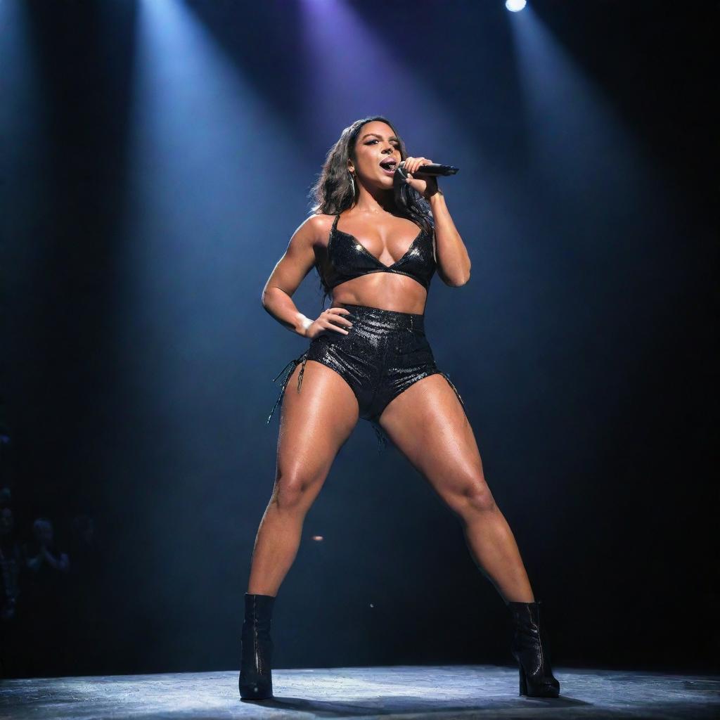 A muscular version of the singer Anitta on a concert stage, under dramatic lighting, playing to a thrilled crowd. She is wearing a bold, stylish outfit and is in the middle of a powerful performance.