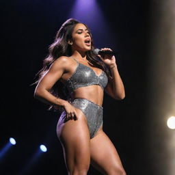 A muscular version of the singer Anitta on a concert stage, under dramatic lighting, playing to a thrilled crowd. She is wearing a bold, stylish outfit and is in the middle of a powerful performance.