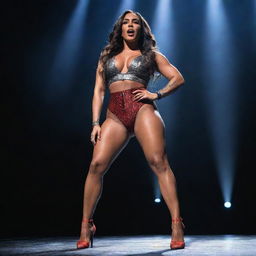 A muscular version of the singer Anitta on a concert stage, under dramatic lighting, playing to a thrilled crowd. She is wearing a bold, stylish outfit and is in the middle of a powerful performance.