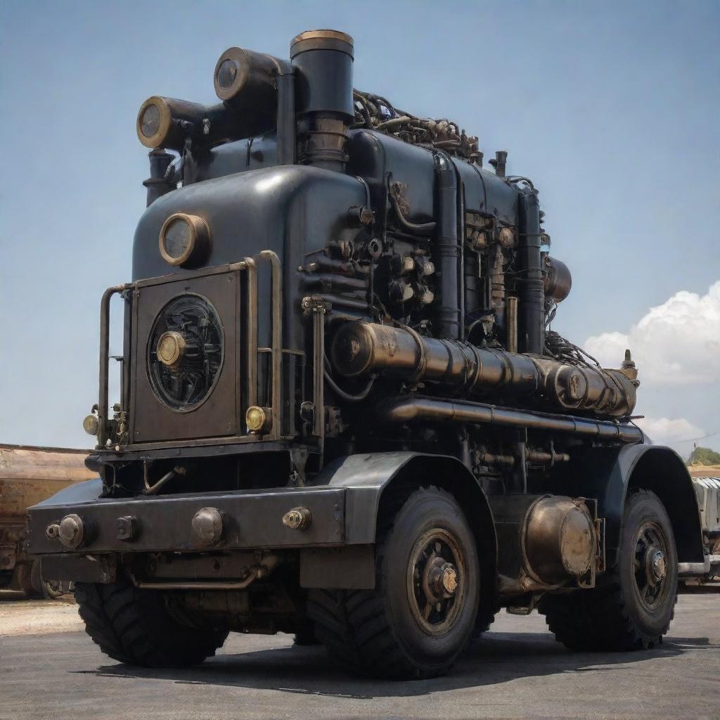 Craft an image showcasing the advanced technology of a dieselpunk world. A rumbling diesel-powered, roaring machinery; impressive Art-Deco inspired design with rough steel, chunky dials, gleaming exposed engines, and wires pumping black gold.