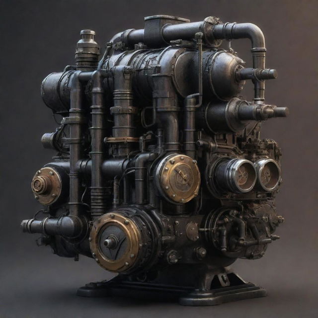 Craft an image showcasing the advanced technology of a dieselpunk world. A rumbling diesel-powered, roaring machinery; impressive Art-Deco inspired design with rough steel, chunky dials, gleaming exposed engines, and wires pumping black gold.