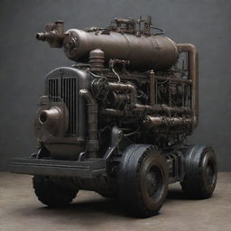 Craft an image showcasing the advanced technology of a dieselpunk world. A rumbling diesel-powered, roaring machinery; impressive Art-Deco inspired design with rough steel, chunky dials, gleaming exposed engines, and wires pumping black gold.