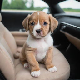 An adorable puppy comfortably sitting inside a luxurious Bugatti