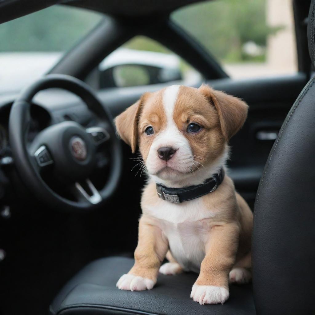 An adorable puppy comfortably sitting inside a luxurious Bugatti