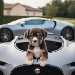 An adorable puppy comfortably sitting inside a luxurious Bugatti