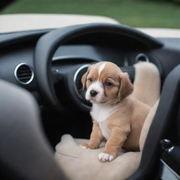 An adorable puppy comfortably sitting inside a luxurious Bugatti