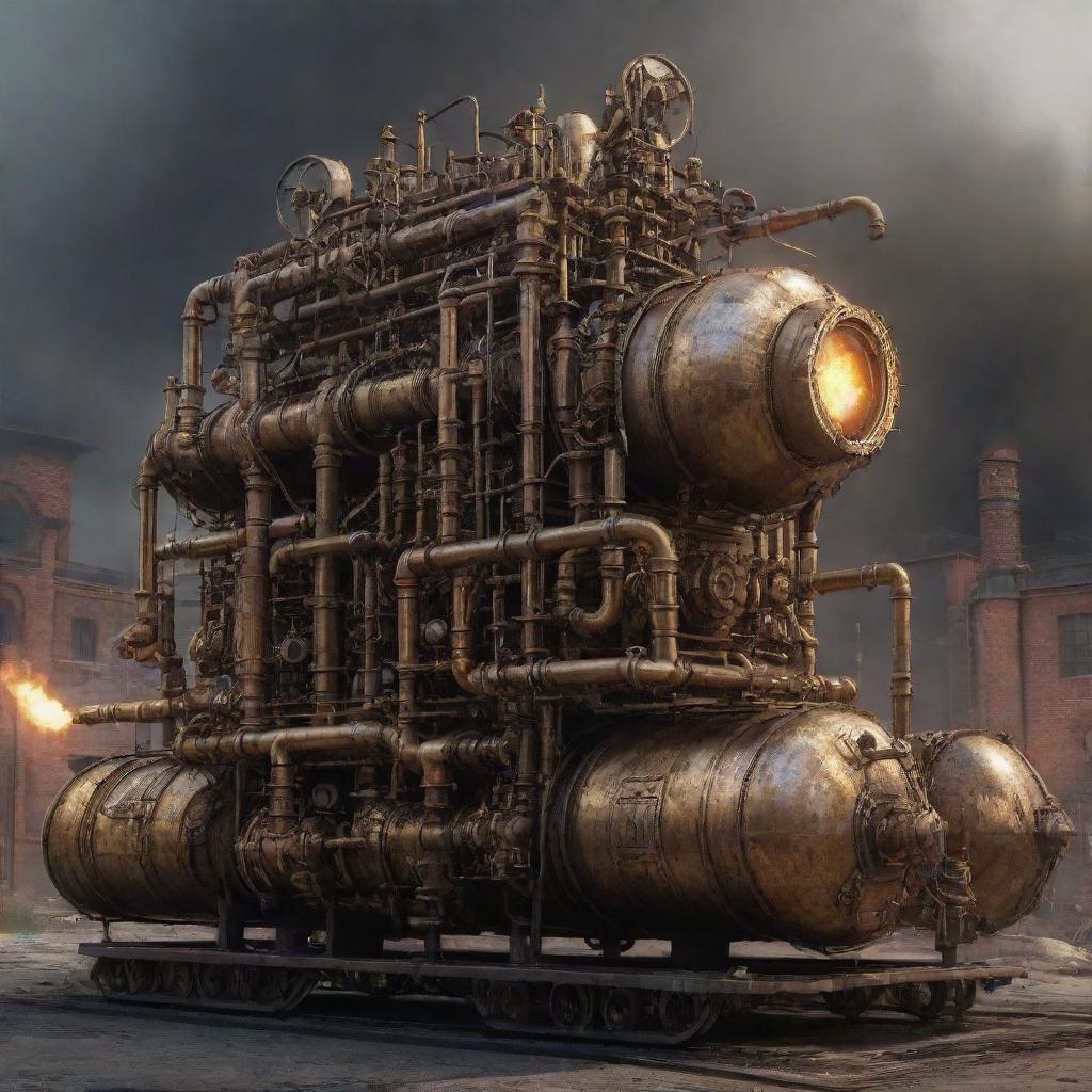 Create an image showcasing the most advanced technology in a gaspunk world. It could be a massive gas-powered machine, embellished with a network of brass and iron pipes, pressurized tanks, flickering gas flames, and power gauges showing a high level of energy output.