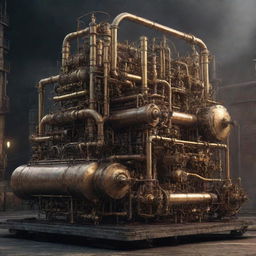 Create an image showcasing the most advanced technology in a gaspunk world. It could be a massive gas-powered machine, embellished with a network of brass and iron pipes, pressurized tanks, flickering gas flames, and power gauges showing a high level of energy output.