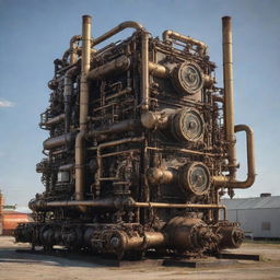 Create an image showcasing the most advanced technology in a gaspunk world. It could be a massive gas-powered machine, embellished with a network of brass and iron pipes, pressurized tanks, flickering gas flames, and power gauges showing a high level of energy output.