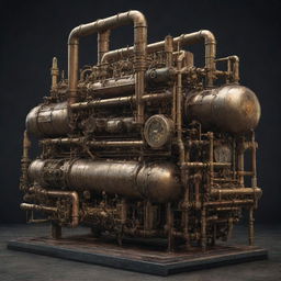 Create an image showcasing the most advanced technology in a gaspunk world. It could be a massive gas-powered machine, embellished with a network of brass and iron pipes, pressurized tanks, flickering gas flames, and power gauges showing a high level of energy output.