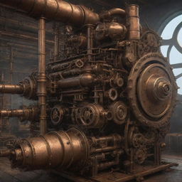 Generate an image of highly advanced dieselpunk technology, featuring intricate machinery, steam-powered devices, and cogwheel-driven contraptions.