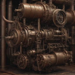 Generate an image of highly advanced dieselpunk technology, featuring intricate machinery, steam-powered devices, and cogwheel-driven contraptions.