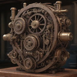 Generate an image of highly advanced dieselpunk technology, featuring intricate machinery, steam-powered devices, and cogwheel-driven contraptions.