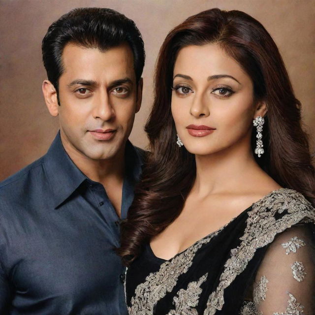 Generate a realistic portrait of Bollywood stars Salman Khan and Aishwarya Rai standing together.