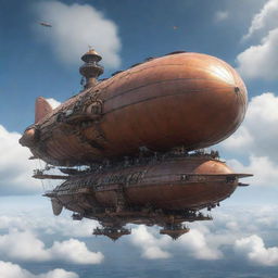 Create an image showcasing the pinnacle of airpunk technology. It's a meticulously designed airship with complex propeller systems, combustible engines, and advanced navigation technologies, all floating gracefully amid the clouds.