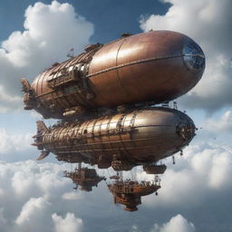 Create an image showcasing the pinnacle of airpunk technology. It's a meticulously designed airship with complex propeller systems, combustible engines, and advanced navigation technologies, all floating gracefully amid the clouds.