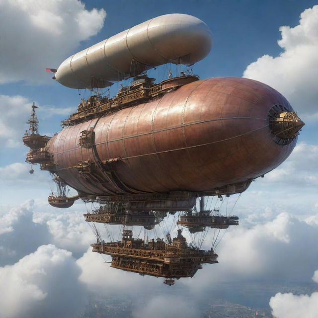 Create an image showcasing the pinnacle of airpunk technology. It's a meticulously designed airship with complex propeller systems, combustible engines, and advanced navigation technologies, all floating gracefully amid the clouds.