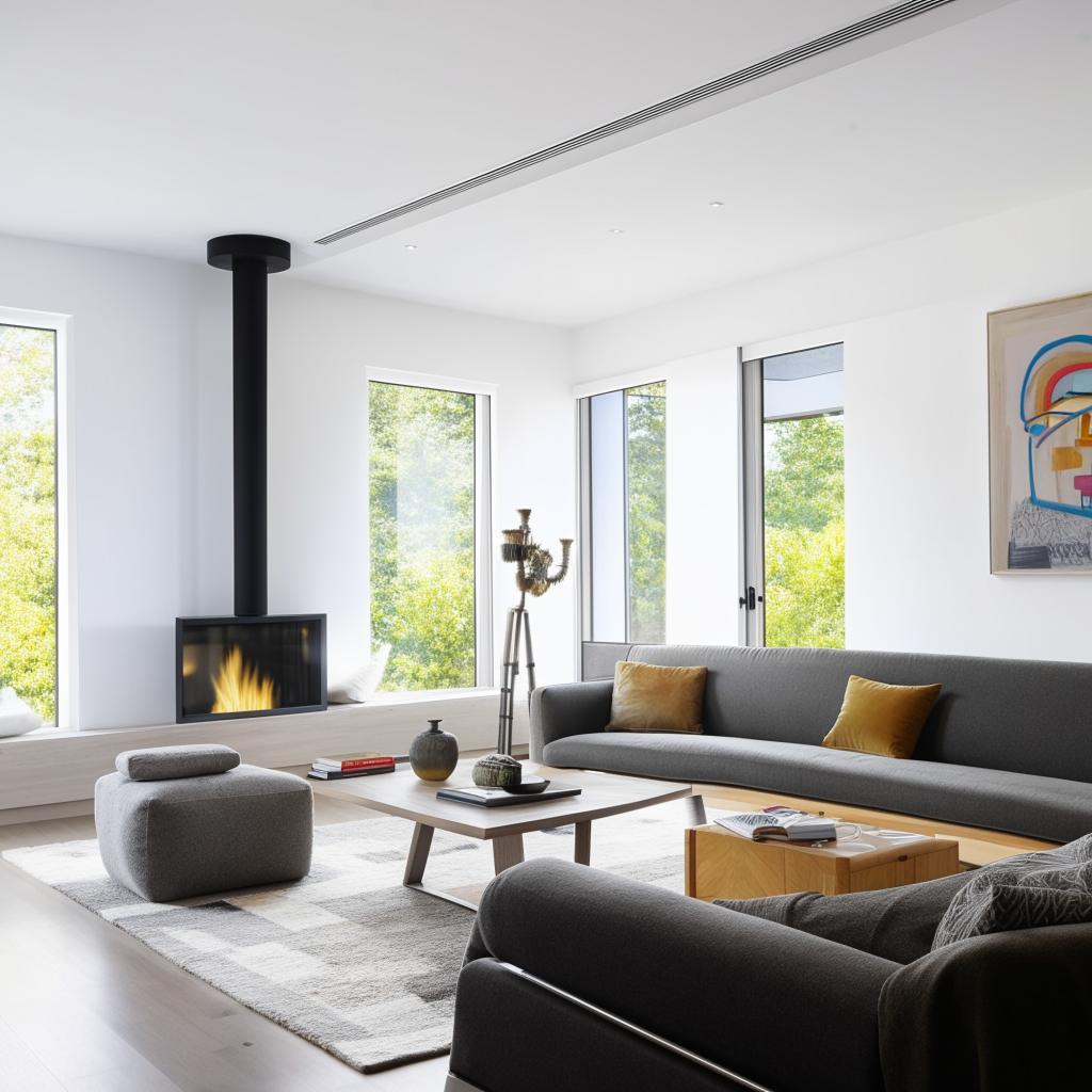 A spacious and well-lit living room with a modern aesthetic. There is a comfortable couch, a stylish coffee table and glass front fireplace. Large windows offer an outdoor view, and tasteful art adorns the walls.