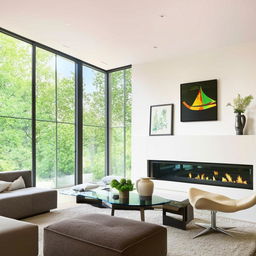 A spacious and well-lit living room with a modern aesthetic. There is a comfortable couch, a stylish coffee table and glass front fireplace. Large windows offer an outdoor view, and tasteful art adorns the walls.