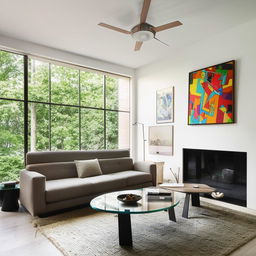 A spacious and well-lit living room with a modern aesthetic. There is a comfortable couch, a stylish coffee table and glass front fireplace. Large windows offer an outdoor view, and tasteful art adorns the walls.