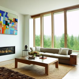 A spacious and well-lit living room with a modern aesthetic. There is a comfortable couch, a stylish coffee table and glass front fireplace. Large windows offer an outdoor view, and tasteful art adorns the walls.